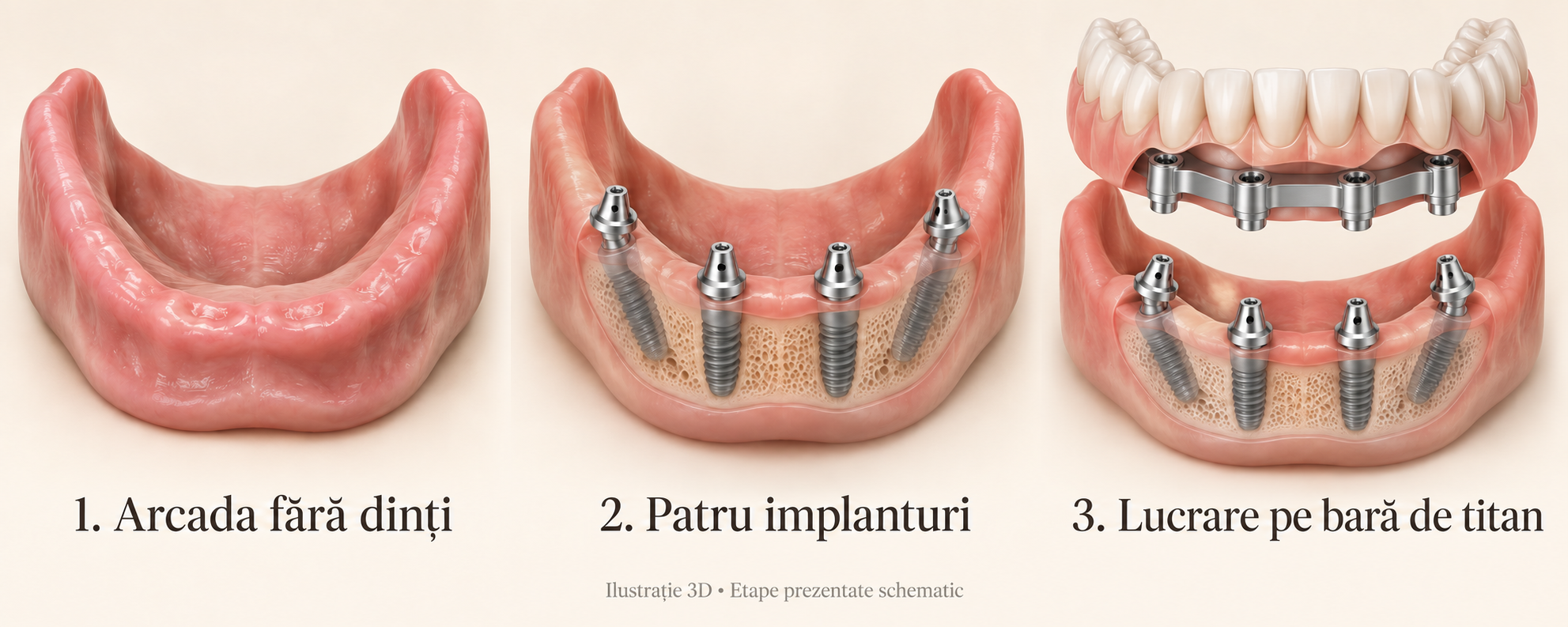 Ilustrație schematică: Arcada fără dinți, Patru implanturi, Lucrare pe bară de titan